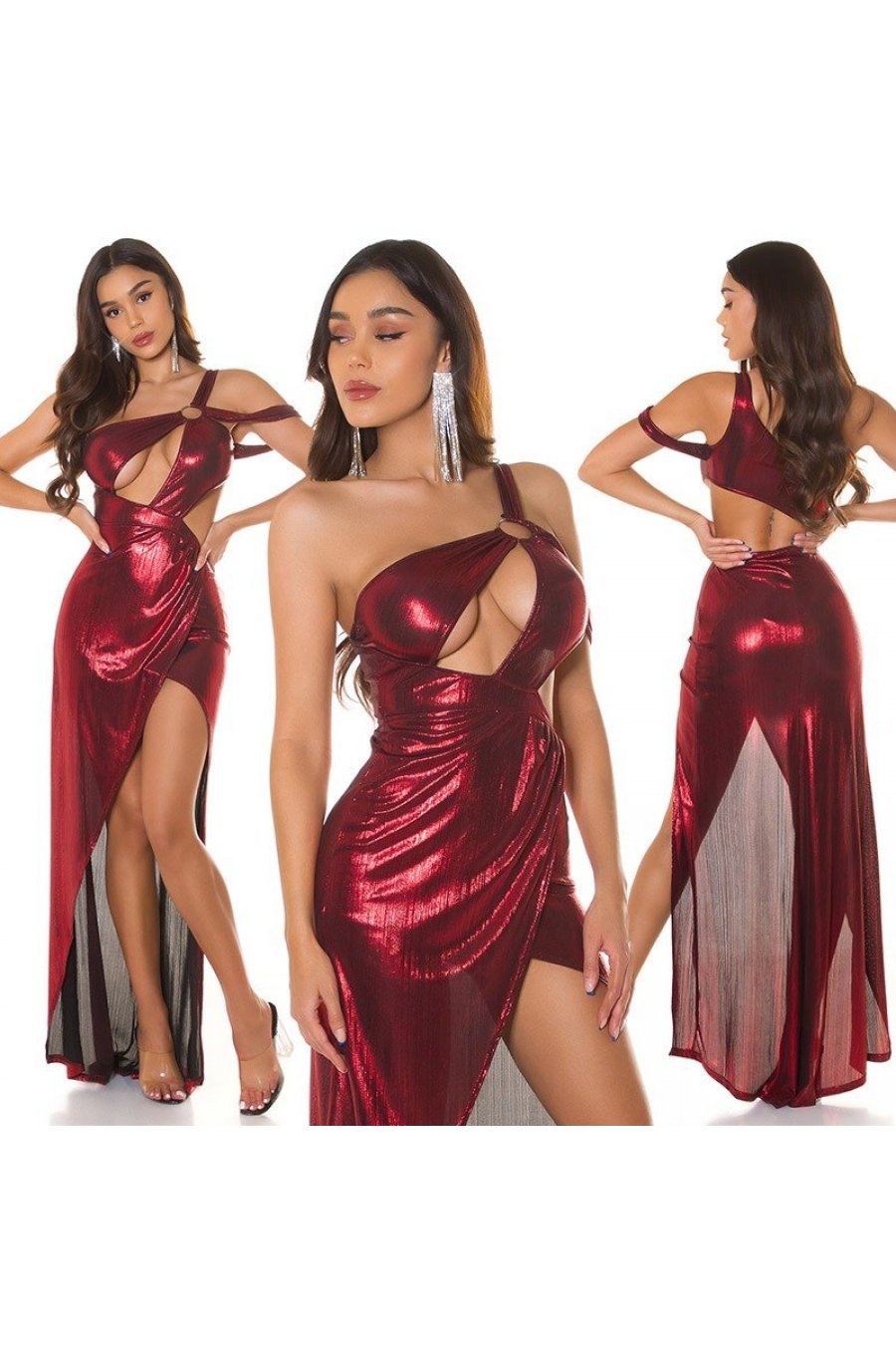 Rochie lunga rosie din glitter cu umerii goi asimetrica Zaria 6 - jojofashion.ro