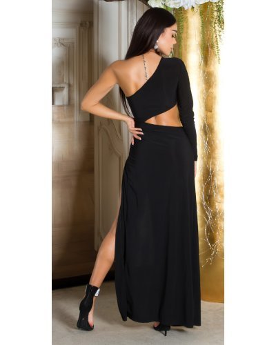 Rochie lunga neagra mulata cu maneca lunga si umerii goi Kleopatra - jojofashion.ro