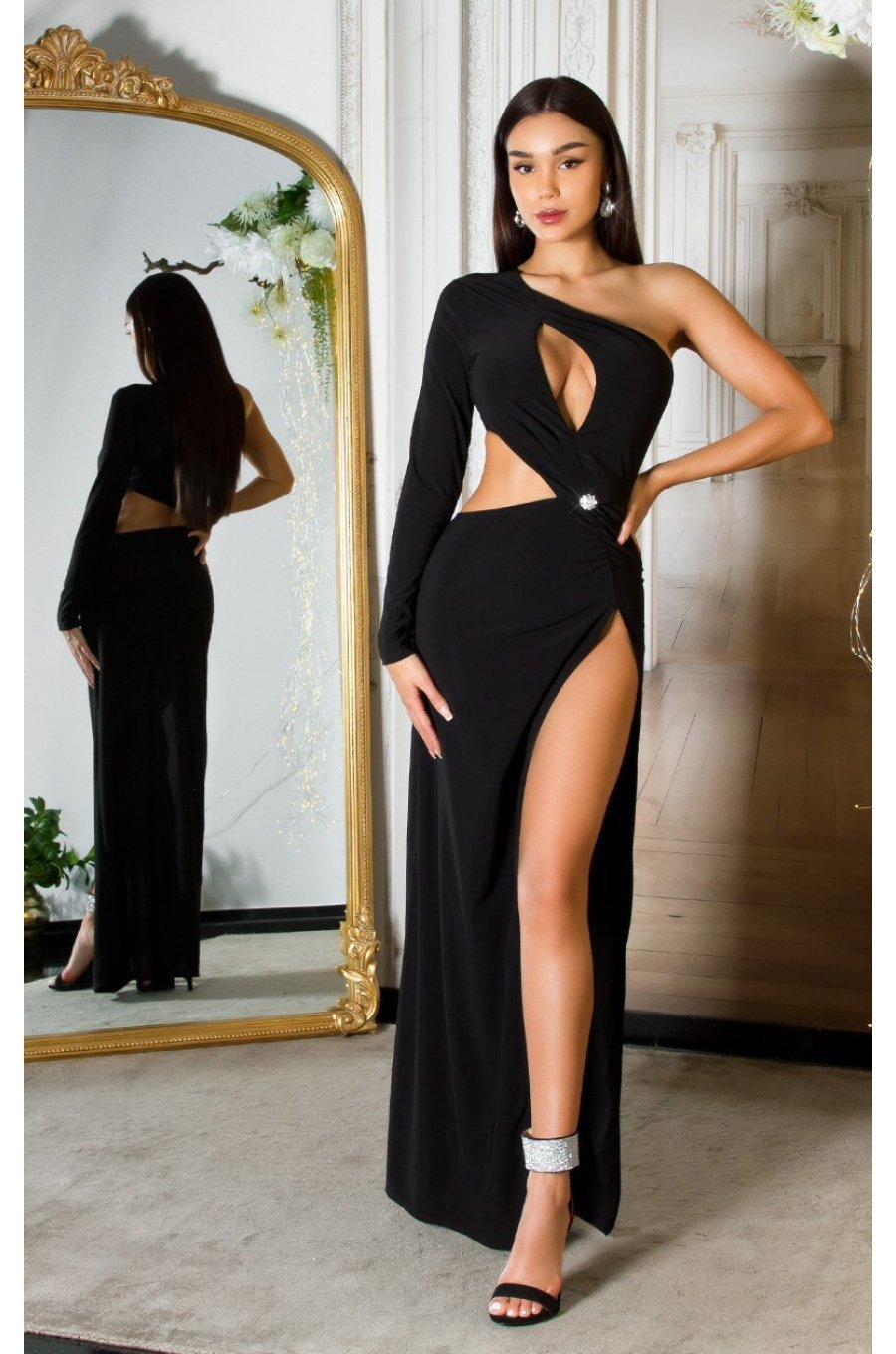 Rochie lunga neagra mulata cu maneca lunga si umerii goi Kleopatra Rochie lunga neagra mulata cu maneca lunga si umerii goi Kleopatra 3 - jojofashion.ro