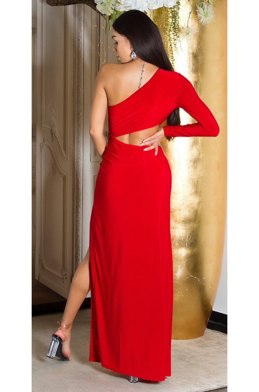 Rochie lunga rosie mulata cu maneca lunga si umerii goi Kleopatra 2 - jojofashion.ro