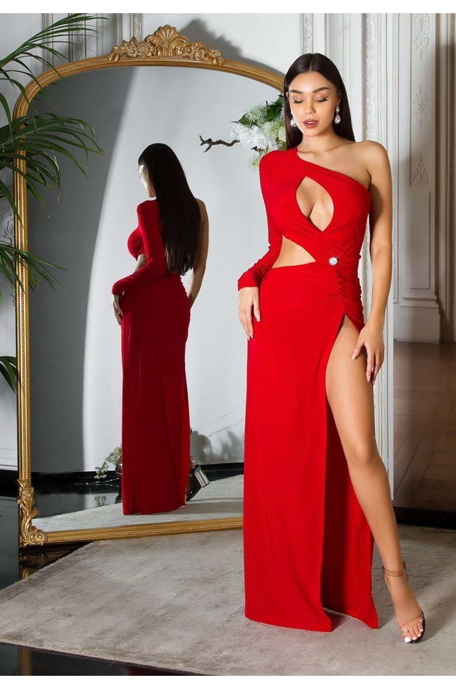 Rochie lunga rosie mulata cu maneca lunga si umerii goi Kleopatra 4 - jojofashion.ro