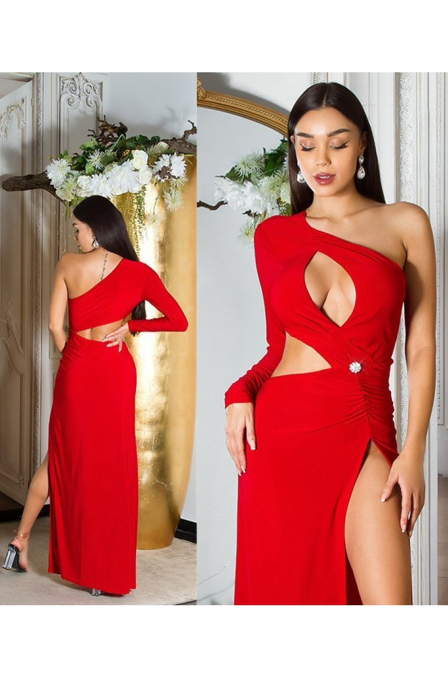 Rochie lunga rosie mulata cu maneca lunga si umerii goi Kleopatra 5 - jojofashion.ro