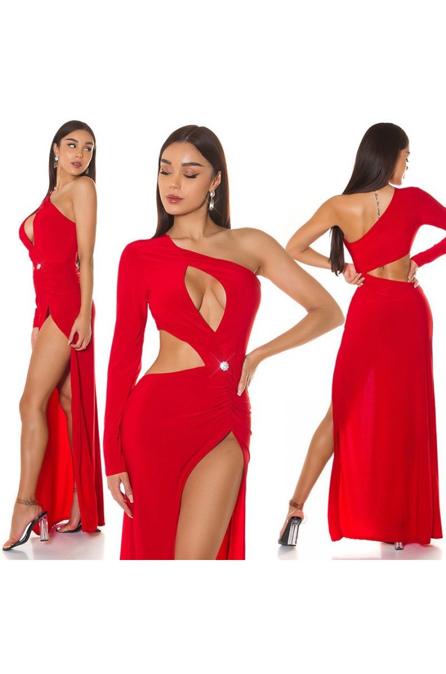 Rochie lunga rosie mulata cu maneca lunga si umerii goi Kleopatra 6 - jojofashion.ro