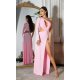 Rochie lunga mulata roz pastelat cu maneca lunga si umerii goi Kleopatra 4 - jojofashion.ro