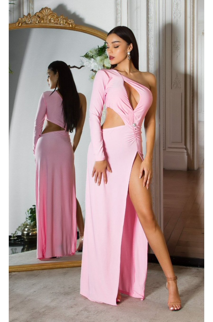 Rochie lunga mulata roz pastelat cu maneca lunga si umerii goi Kleopatra 3 - jojofashion.ro