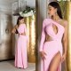 Rochie lunga mulata roz pastelat cu maneca lunga si umerii goi Kleopatra 7 - jojofashion.ro