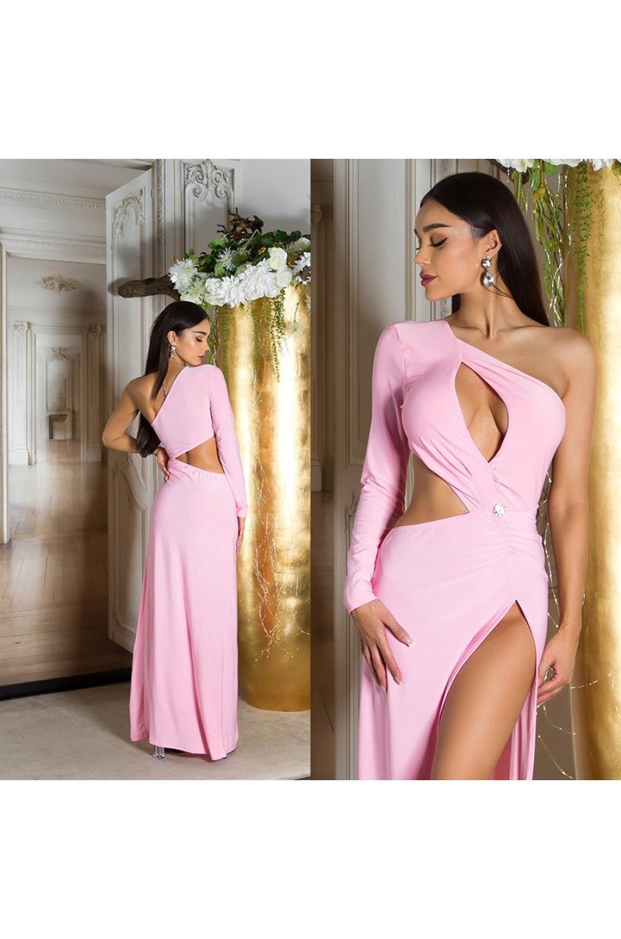 Rochie lunga mulata roz pastelat cu maneca lunga si umerii goi Kleopatra 6 - jojofashion.ro