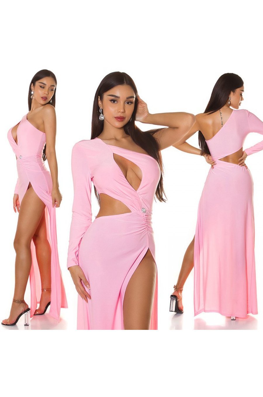 Rochie lunga mulata roz pastelat cu maneca lunga si umerii goi Kleopatra 7 - jojofashion.ro
