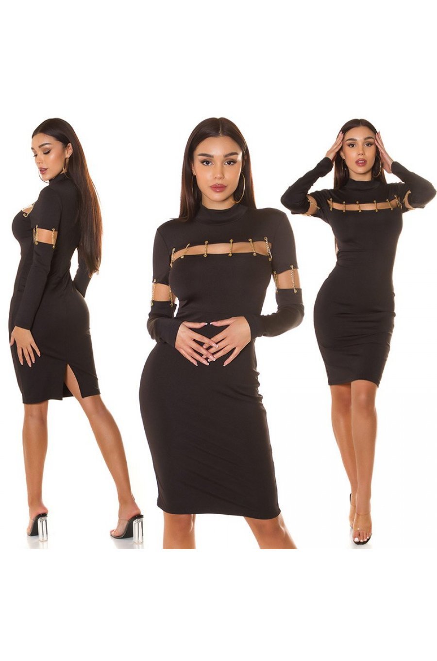 Rochie de seara midi, neagra, mulata, cu maneca lunga, Aliye 7 - jojofashion.ro