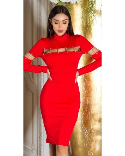 Rochii de club, Rochie midi rosie mulata cu maneca lunga Aliye - jojofashion.ro