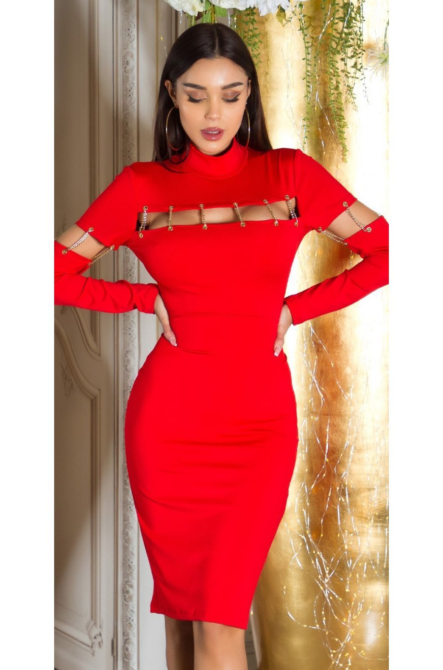 Rochie midi rosie mulata cu maneca lunga Aliye Rochie midi rosie mulata cu maneca lunga Aliye 1 - jojofashion.ro