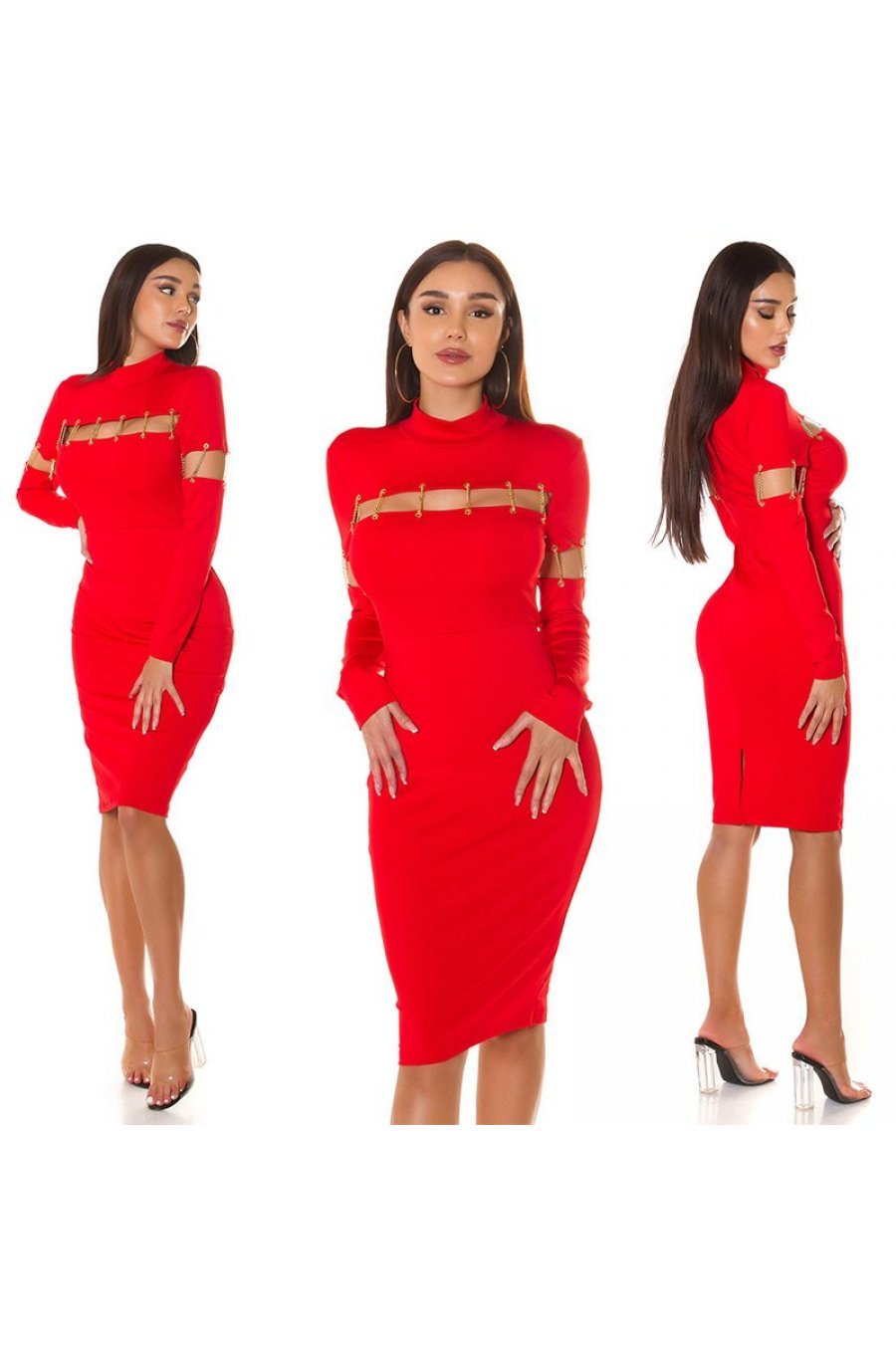 Rochie midi rosie mulata cu maneca lunga Aliye Rochie midi rosie mulata cu maneca lunga Aliye 6 - jojofashion.ro