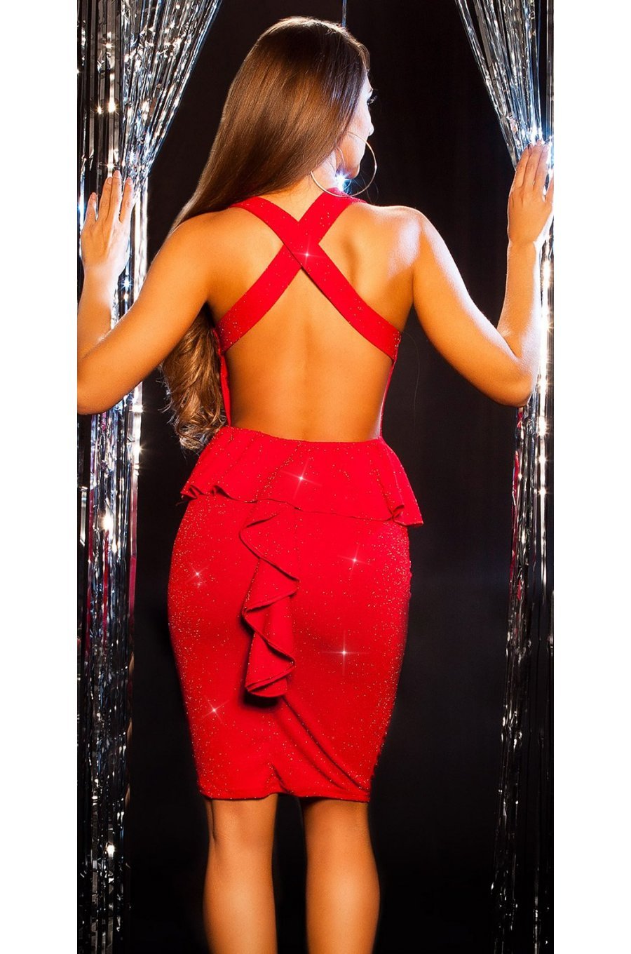 Rochie scurta rosie mulata din glitter Moulan 1 - jojofashion.ro