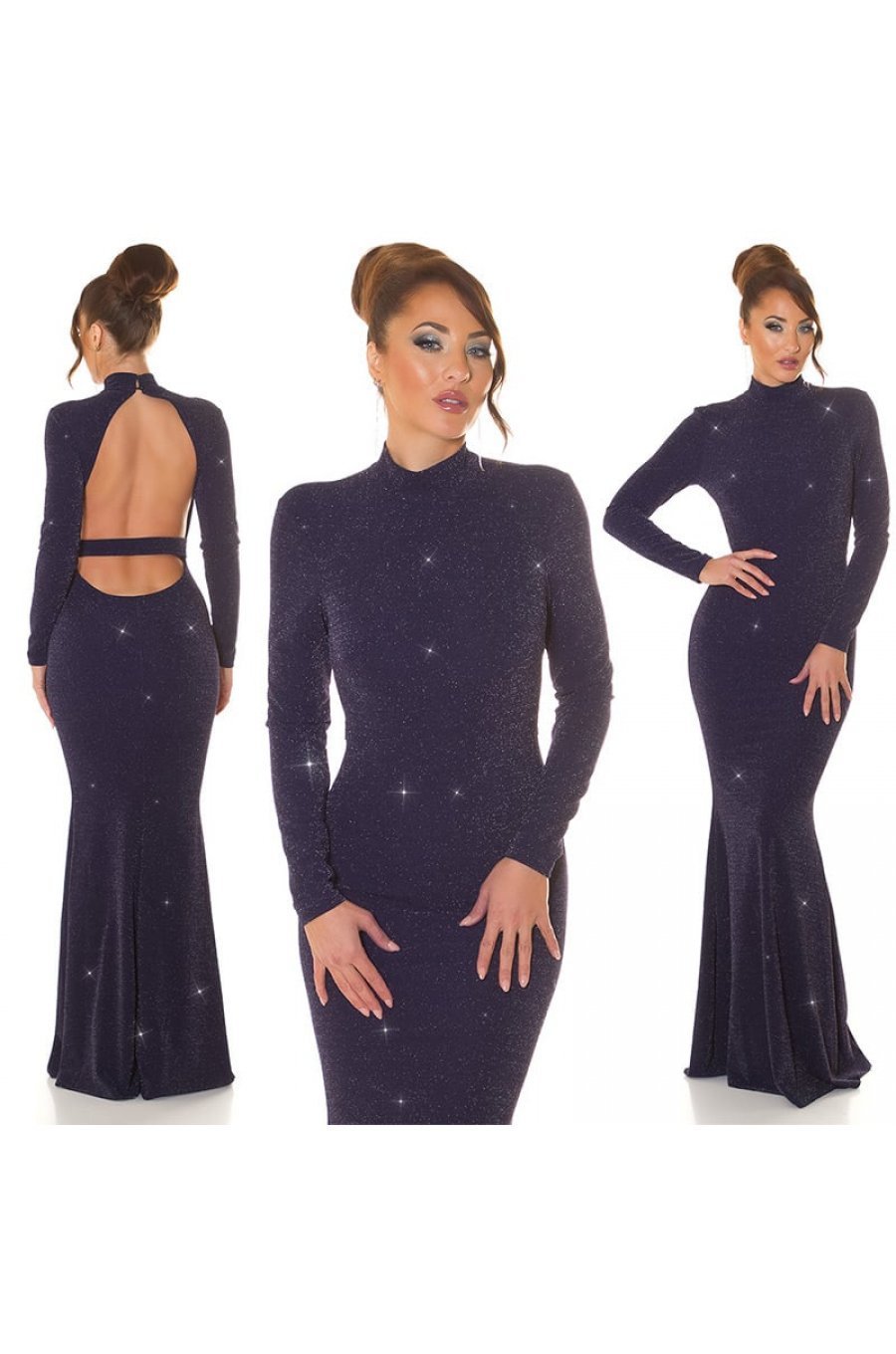 Rochie lunga, din lurex, bleumarin, mulata, cu maneca lunga, Zerrin  7 - jojofashion.ro