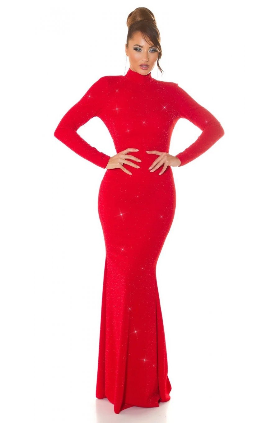 Rochie lunga, din lurex, rosie, mulata, cu maneca lunga, Zerrin  3 - jojofashion.ro