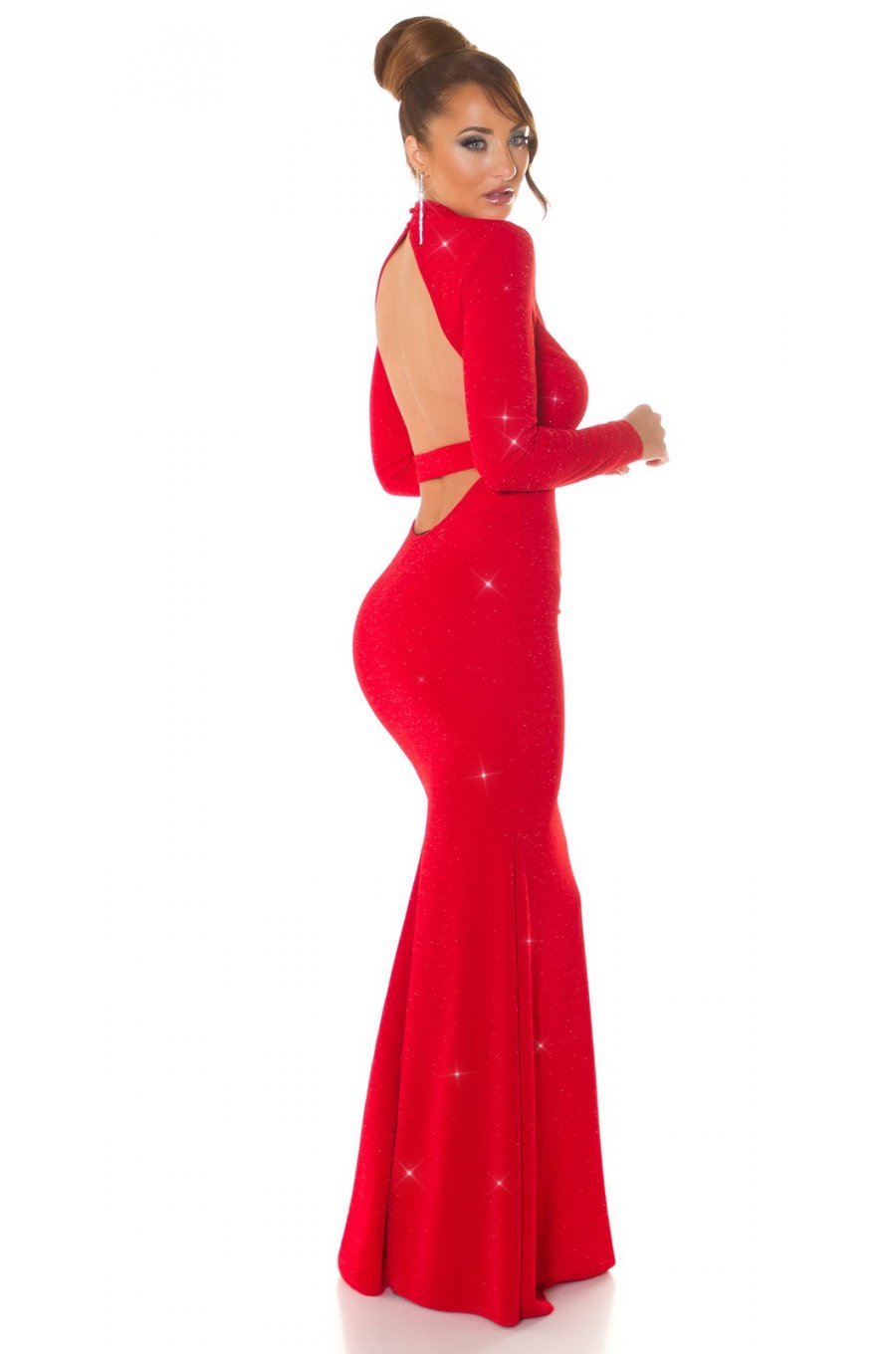 Rochie lunga, din lurex, rosie, mulata, cu maneca lunga, Zerrin  4 - jojofashion.ro