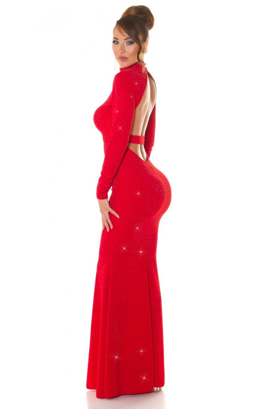 Rochie lunga, din lurex, rosie, mulata, cu maneca lunga, Zerrin  6 - jojofashion.ro