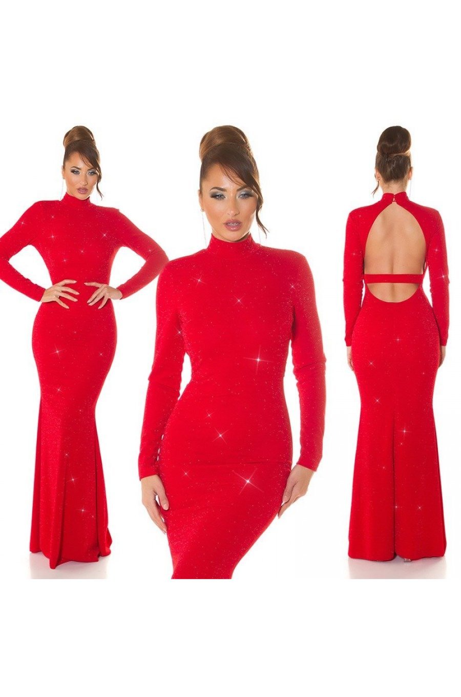 Rochie lunga, din lurex, rosie, mulata, cu maneca lunga, Zerrin  7 - jojofashion.ro