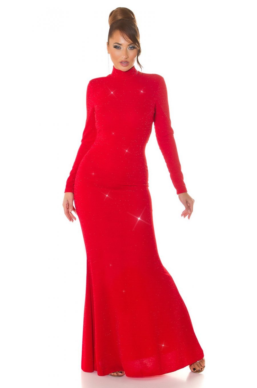 Rochie lunga, din lurex, rosie, mulata, cu maneca lunga, Zerrin  5 - jojofashion.ro