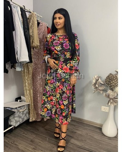 Rochie midi multicolora cu maneca lunga Claudia Rochii de zi, Rochie midi multicolora cu maneca lunga Claudia - jojofashion.ro