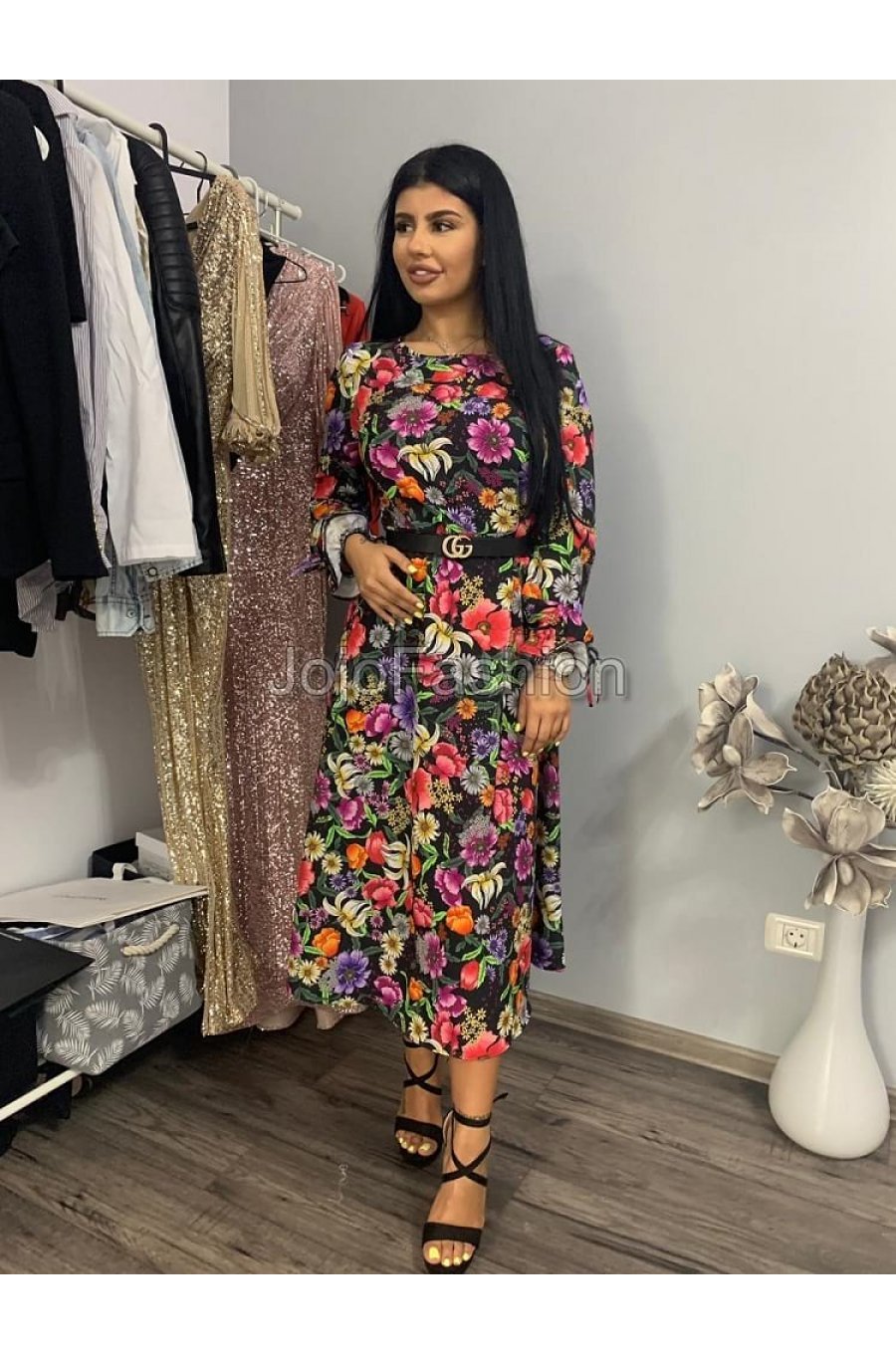 Rochie midi multicolora cu maneca lunga Claudia 1 - jojofashion.ro