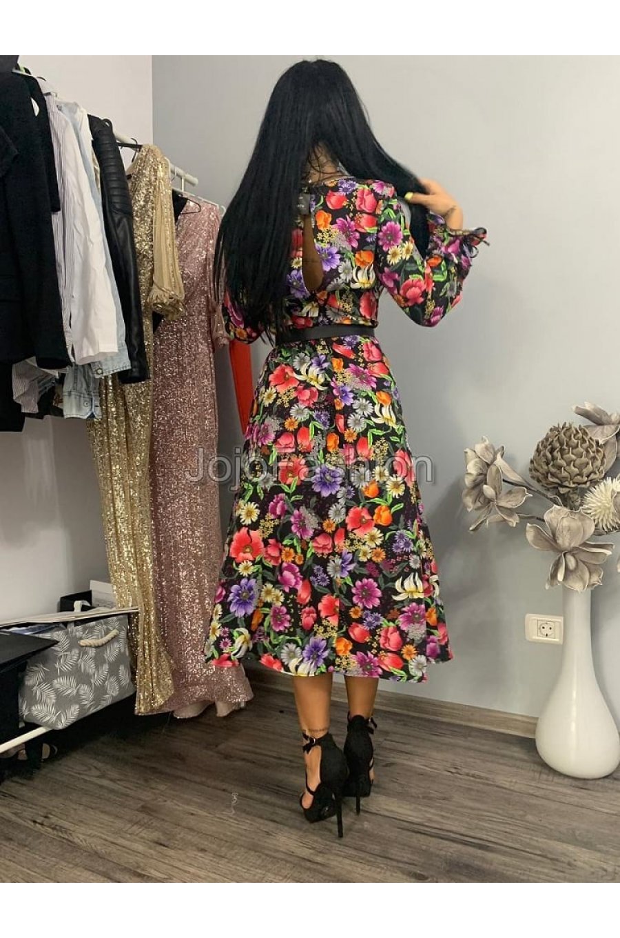 Rochie midi multicolora cu maneca lunga Claudia 3 - jojofashion.ro