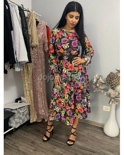 Rochie midi multicolora cu maneca lunga Claudia Rochii de zi, Rochie midi multicolora cu maneca lunga Claudia - jojofashion.ro