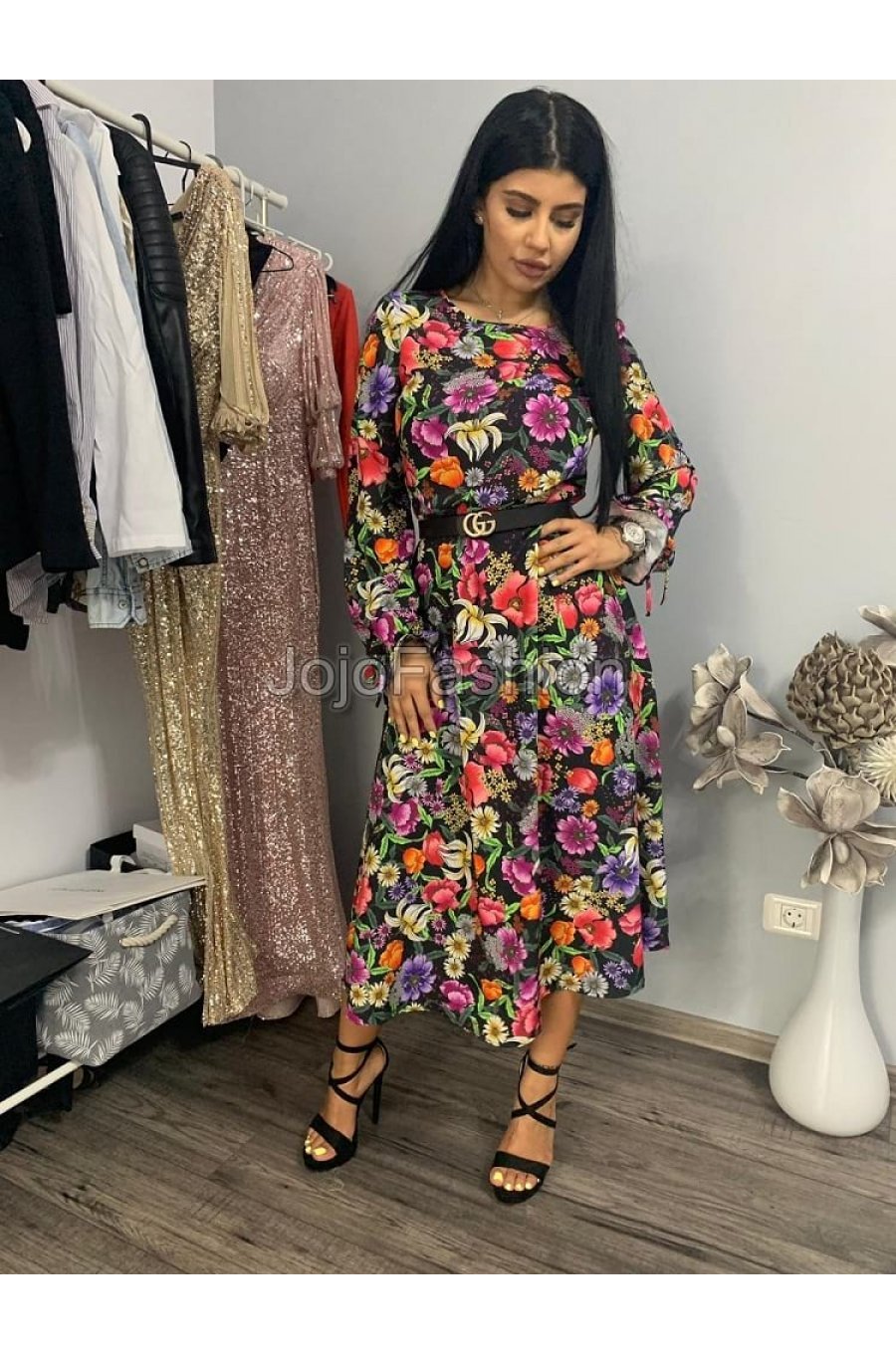 Rochie midi multicolora cu maneca lunga Claudia 2 - jojofashion.ro