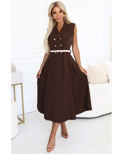 Rochii tip camasa, Rochie midi tip camasa maro ciocolata evazata Anemona - jojofashion.ro