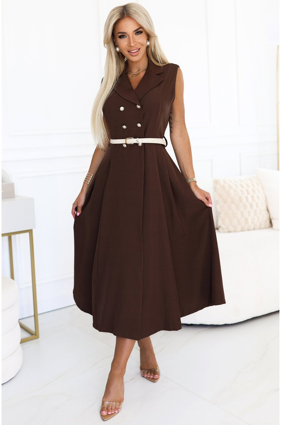 Rochie midi tip camasa maro ciocolata evazata Anemona 1 - jojofashion.ro