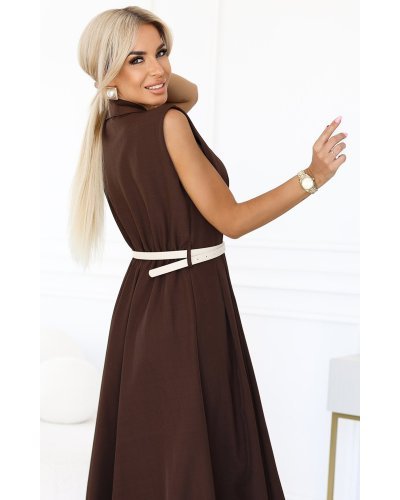 Rochii tip camasa, Rochie midi tip camasa maro ciocolata evazata Anemona - jojofashion.ro