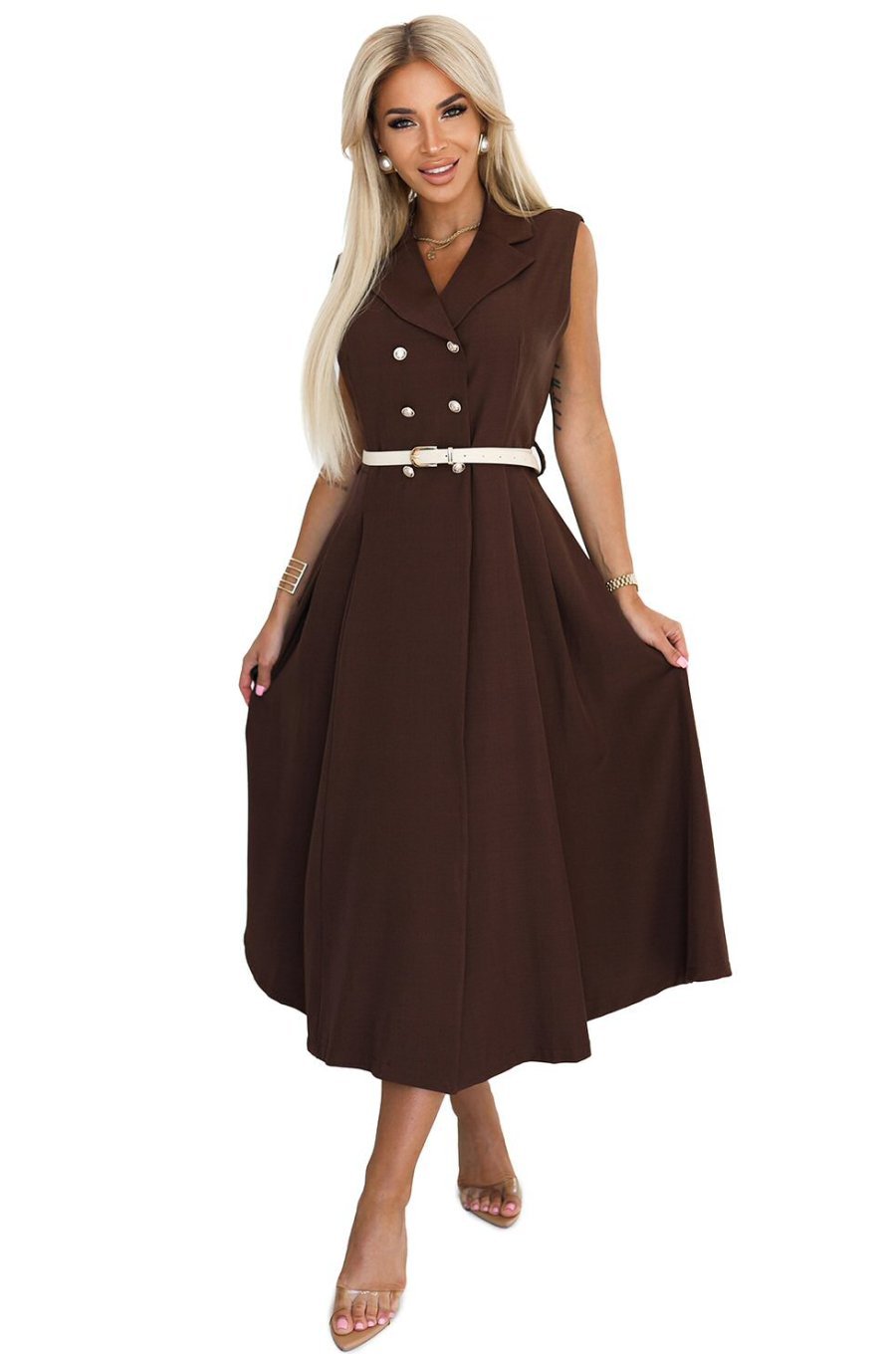 Rochie midi tip camasa maro ciocolata evazata Anemona 4 - jojofashion.ro