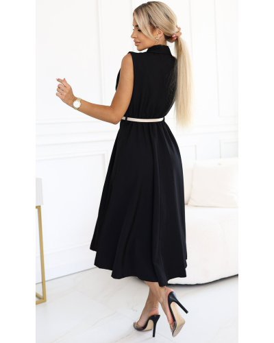 Rochii tip camasa, Rochie midi tip camasa neagra clasica evazata Anemona - jojofashion.ro