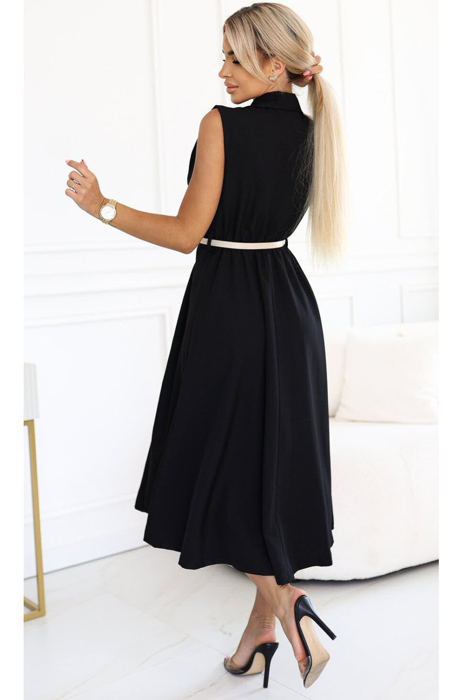 Rochie midi tip camasa neagra clasica evazata Anemona 2 - jojofashion.ro