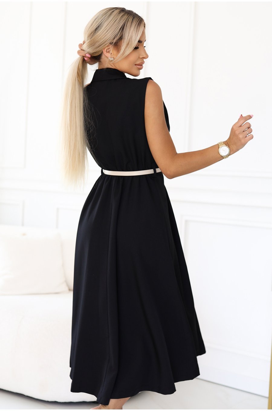 Rochie midi tip camasa neagra clasica evazata Anemona 5 - jojofashion.ro