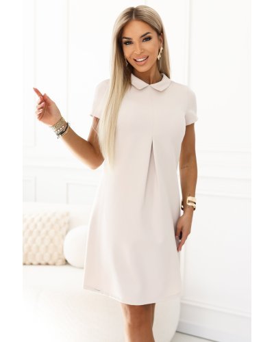 Rochii de zi, Rochie scurta bej trapez cu guler Liora - jojofashion.ro