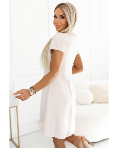 Rochii de zi, Rochie scurta bej trapez cu guler Liora - jojofashion.ro