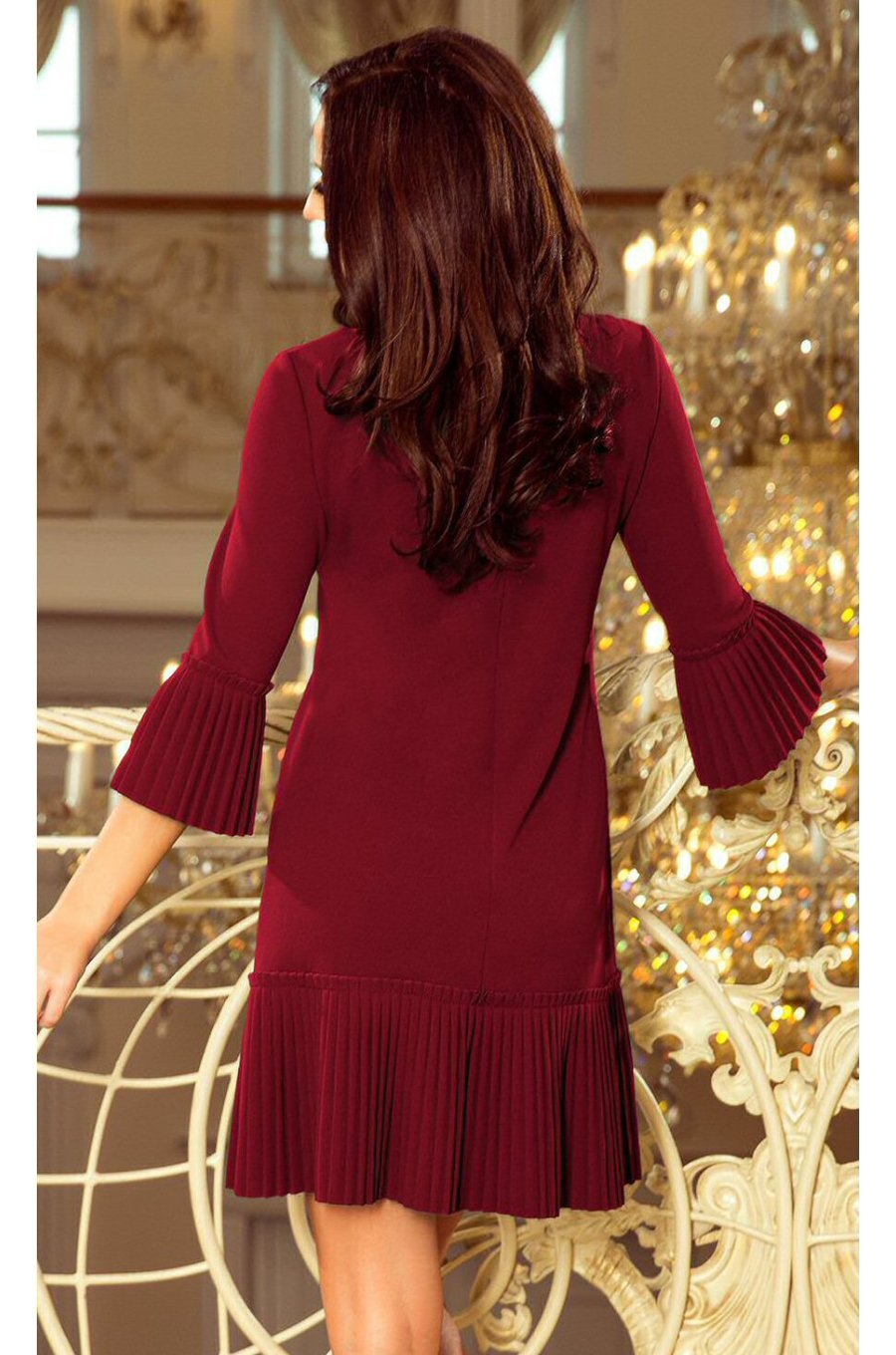 Rochie scurta burgundy croi A cu volan plisat Codruta 2 - jojofashion.ro