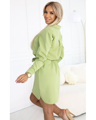 Rochii tip camasa, Rochie tip camasa verde olive scurta cu maneca lunga Flavya - jojofashion.ro