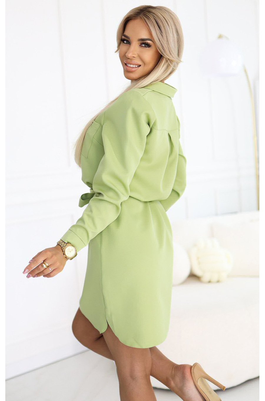 Rochie tip camasa verde olive scurta cu maneca lunga Flavya 2 - jojofashion.ro