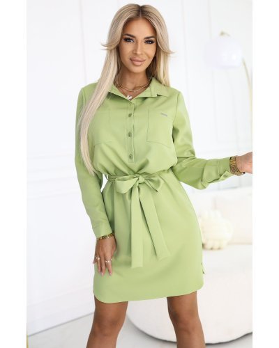 Rochii tip camasa, Rochie tip camasa verde olive scurta cu maneca lunga Flavya - jojofashion.ro