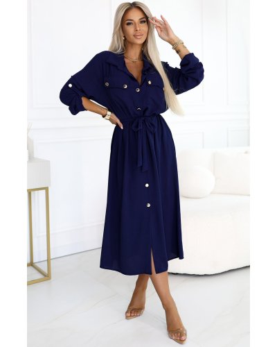 Rochii de toamna, Rochie tip camasa bleumarin navy midi cu maneca lunga, Asiyah - jojofashion.ro