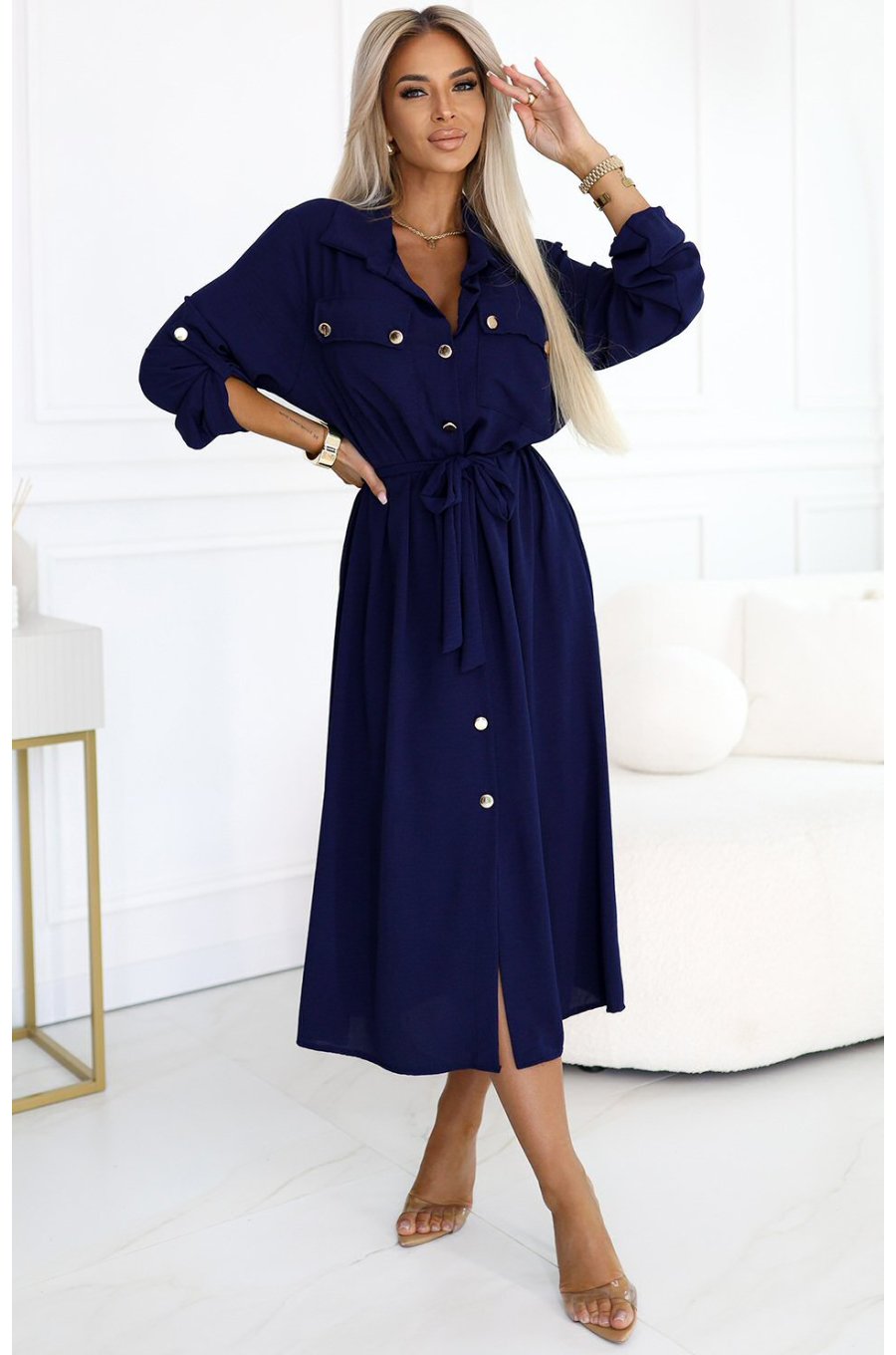 Rochie tip camasa bleumarin navy midi cu maneca lunga, Asiyah 1 - jojofashion.ro