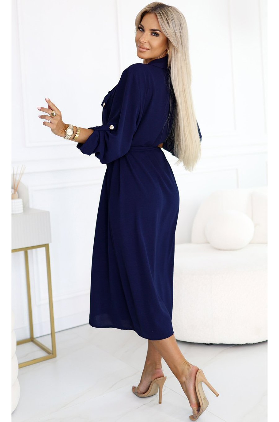 Rochie tip camasa bleumarin navy midi cu maneca lunga, Asiyah 2 - jojofashion.ro