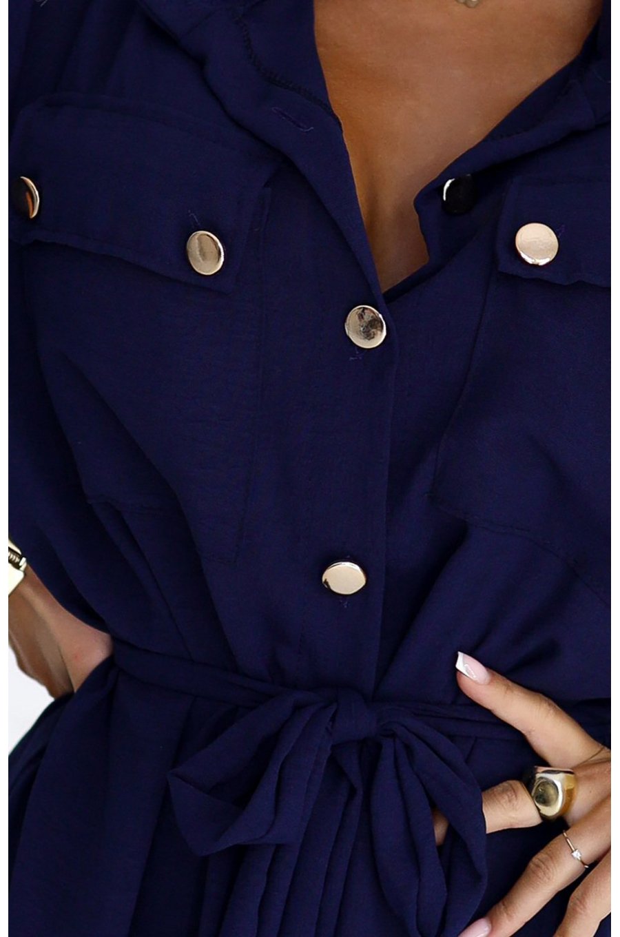 Rochie tip camasa bleumarin navy midi cu maneca lunga, Asiyah 3 - jojofashion.ro