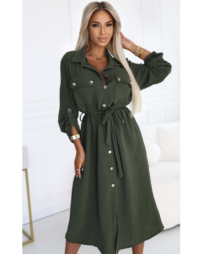 Rochii de toamna, Rochie tip camasa kaki midi cu maneca lunga Asiyah - jojofashion.ro