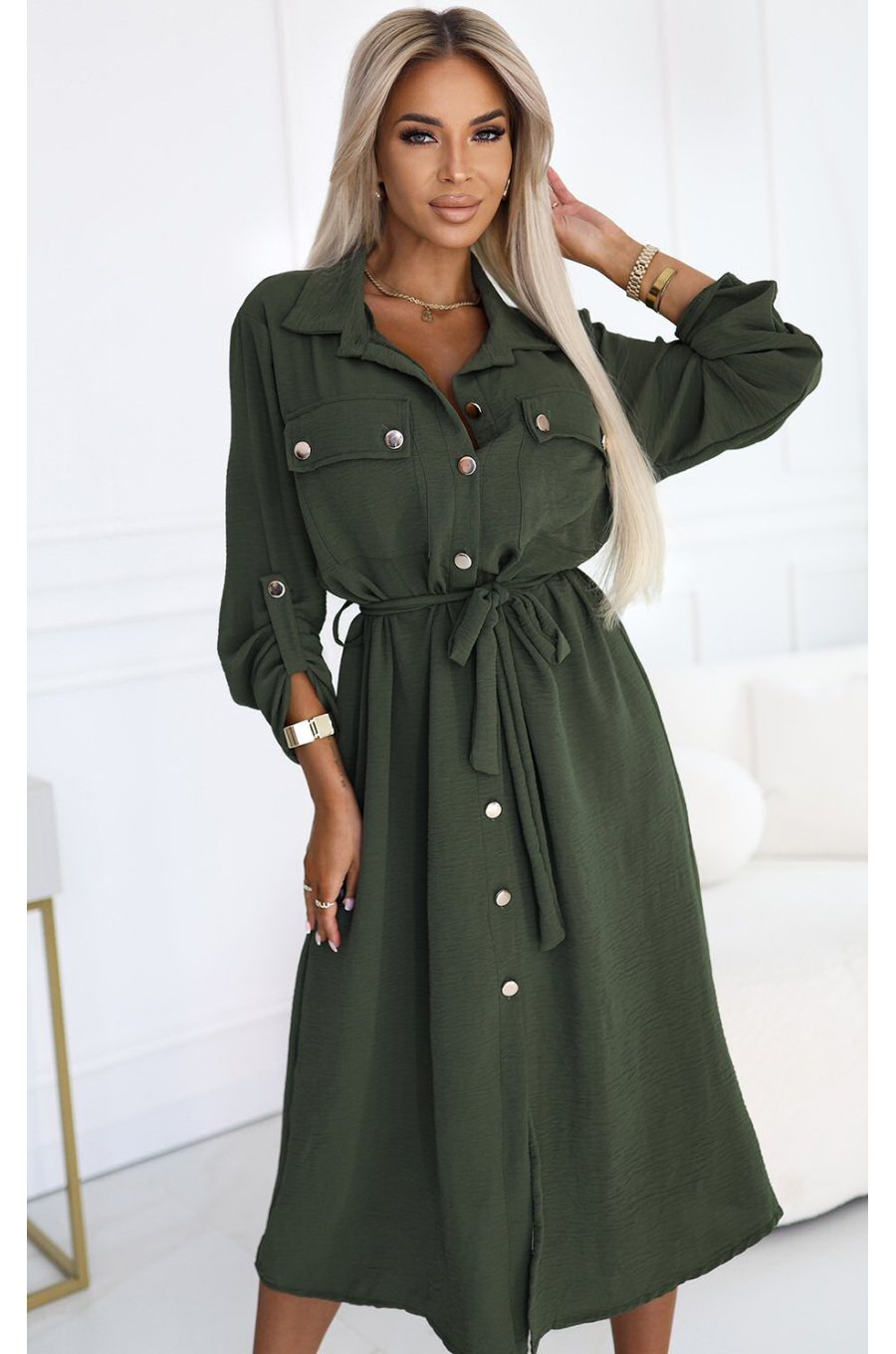 Rochie tip camasa kaki midi cu maneca lunga Asiyah 1 - jojofashion.ro