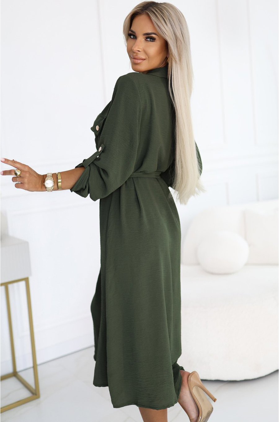 Rochie tip camasa kaki midi cu maneca lunga Asiyah 2 - jojofashion.ro