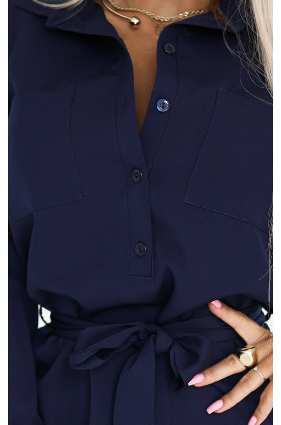 Rochie tip camasa scurta bleumarin navy cu maneca lunga Flavya 5 - jojofashion.ro