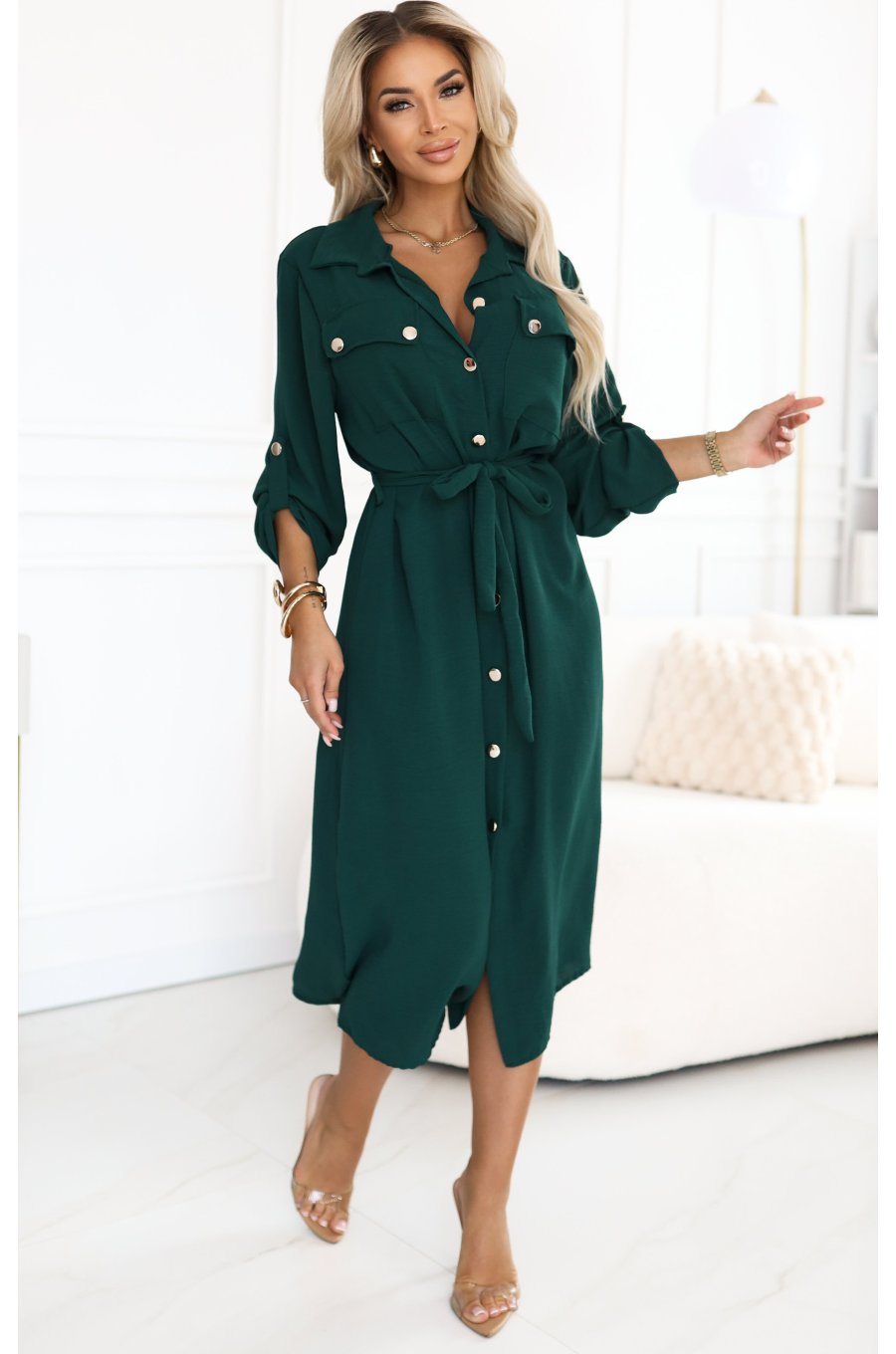 Rochie tip camasa verde midi cu maneca lunga Asiyah 4 - jojofashion.ro